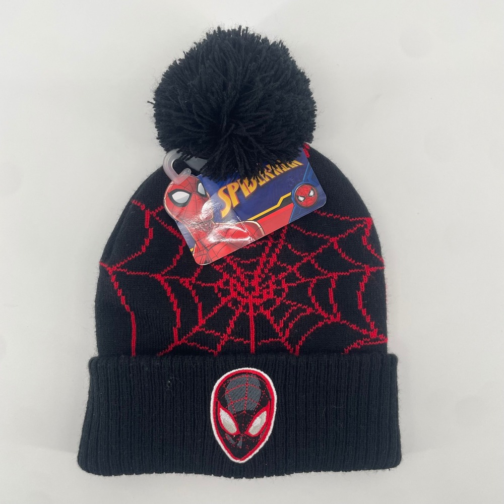Marvel Spiderman Beanie Boys OSFM Black Red Web Miles Morales Pom Hat NWT